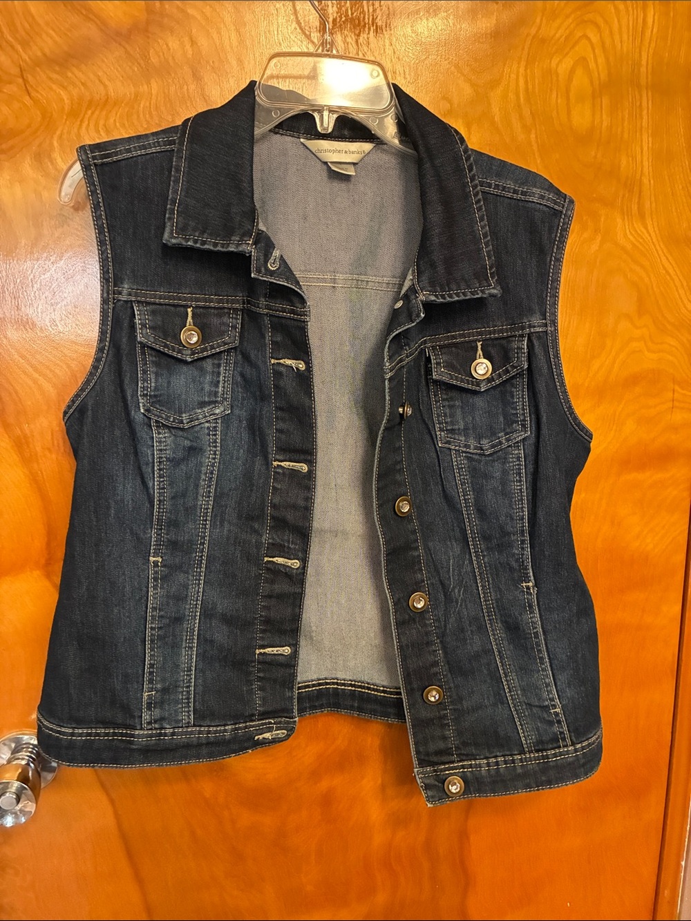 CHRISTOPHER & BANKS. Denim Vest with crystal buttons. Size Small. Hardly worn.